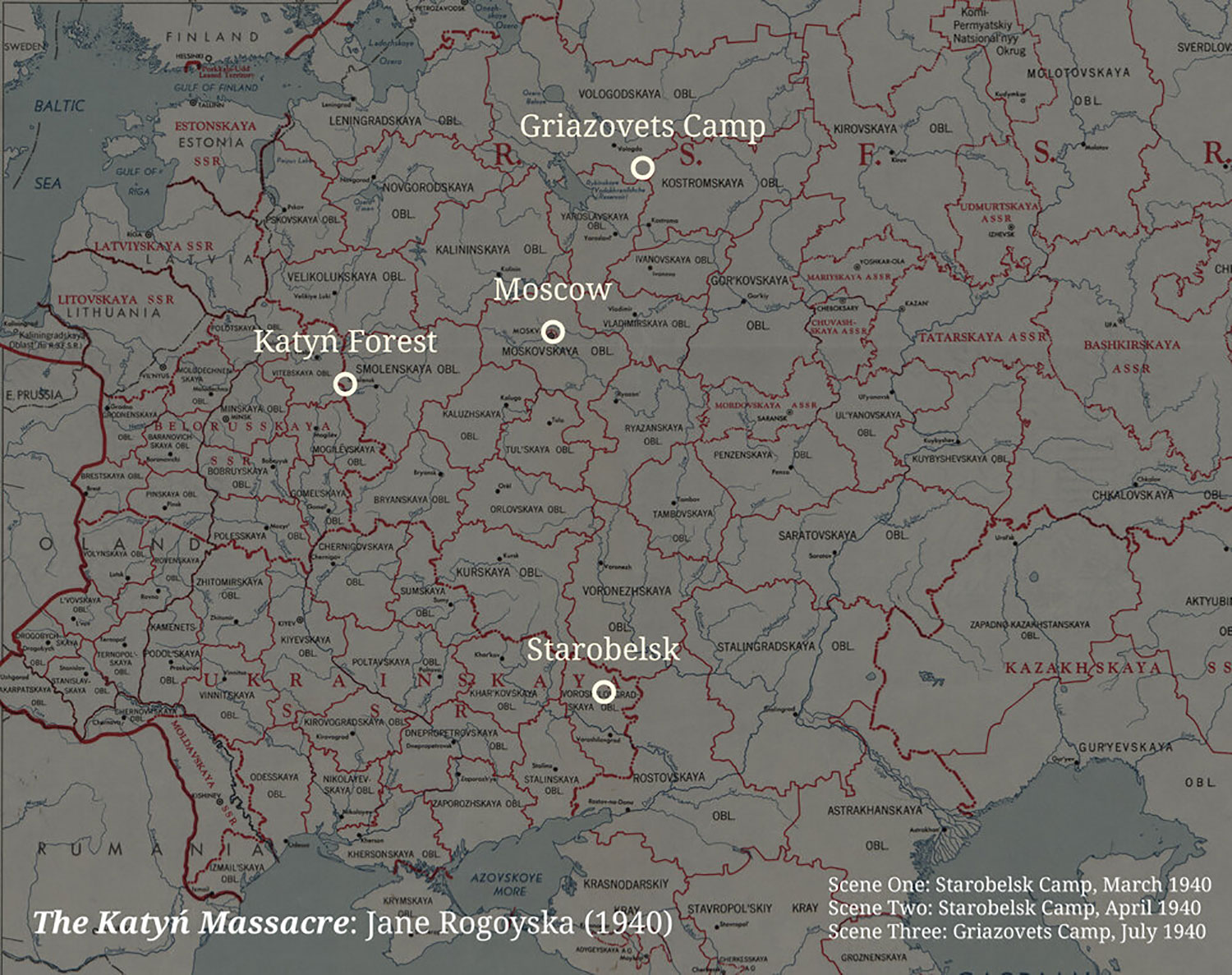 Map showing the location of the scenes in the Soviet Union, 1940, The Katyń Massacre, Jane Rogoyska